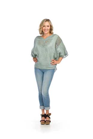 PT-16114 - EMBROIDERED BATWING SLEEVE BLOUSE WITH CROCHET DETAILS - Colors: SAGE, WHITE - Available Sizes:S-XL - Catalog Page:63 